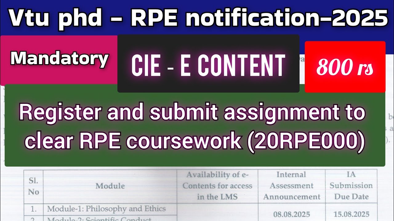 Vtu phd |RPE CIE|notification|lms portal|schedule explained in detail|coursework|aug 25|compulsory 