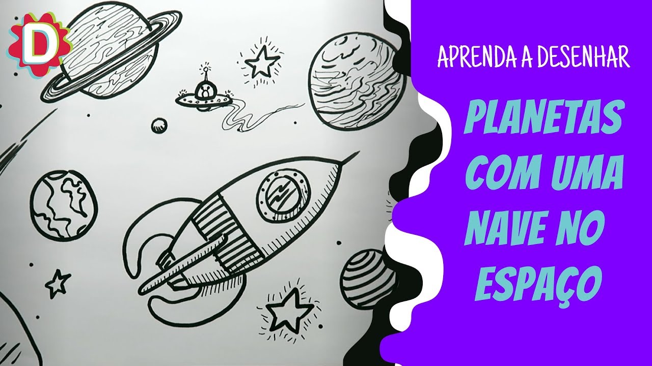 Planetas e uma nave (foguete) no espaço (universo) - Como desenhar, simples e fácil