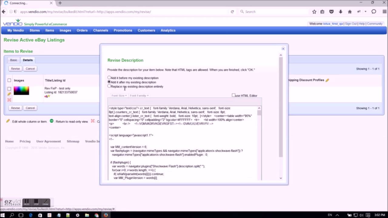 Revise Description for eBay listings with Vendio