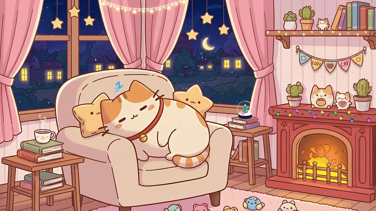 Sleepy Cat's Fireplace Dreams 🌙 Lofi Study Beats for Focus & Calm ☕ Beats To Sleep  Focus To