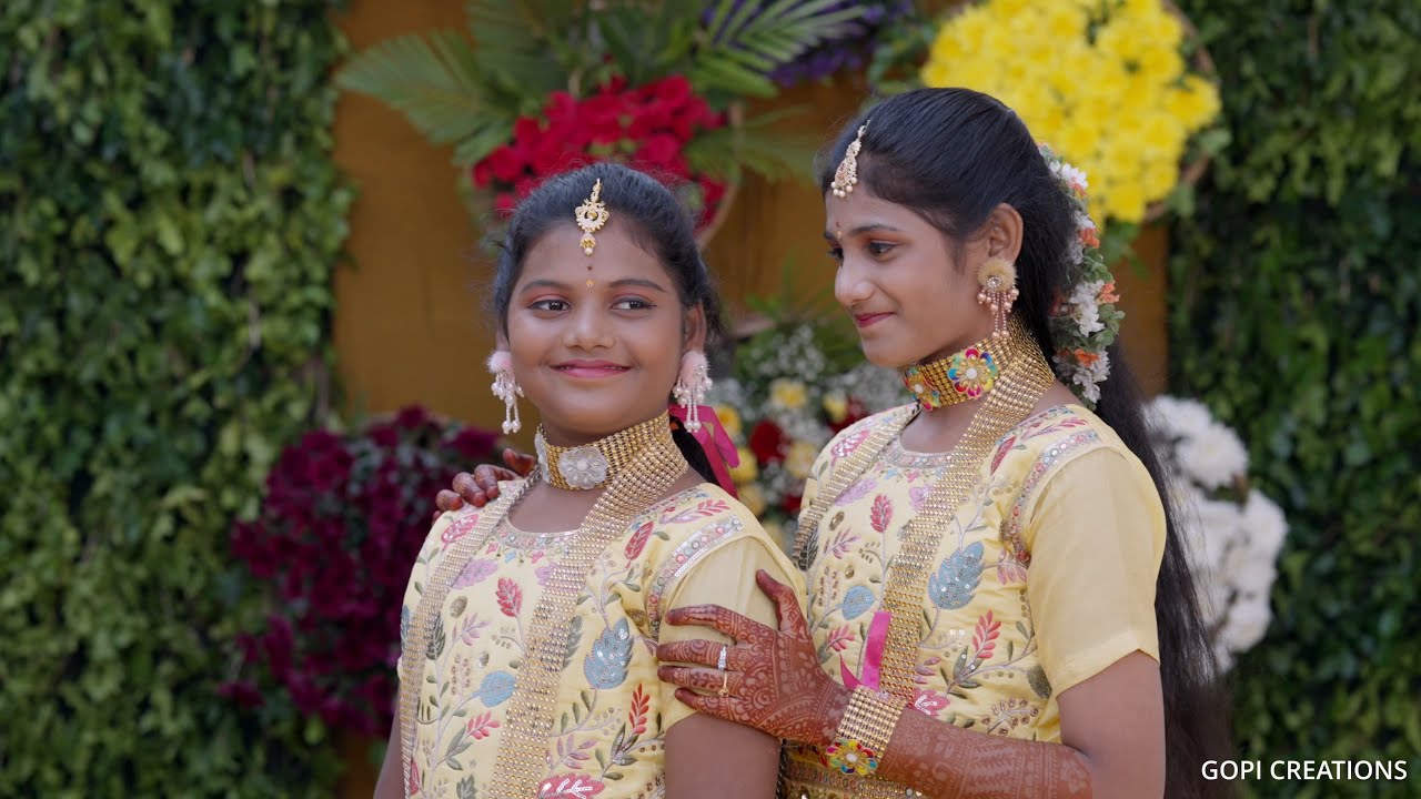 LASYA SRI AND GEETHA SRI HALF SAREE HALDI EVENT 4K TEASER GOPI CREATIONS KAVALI 9440505262