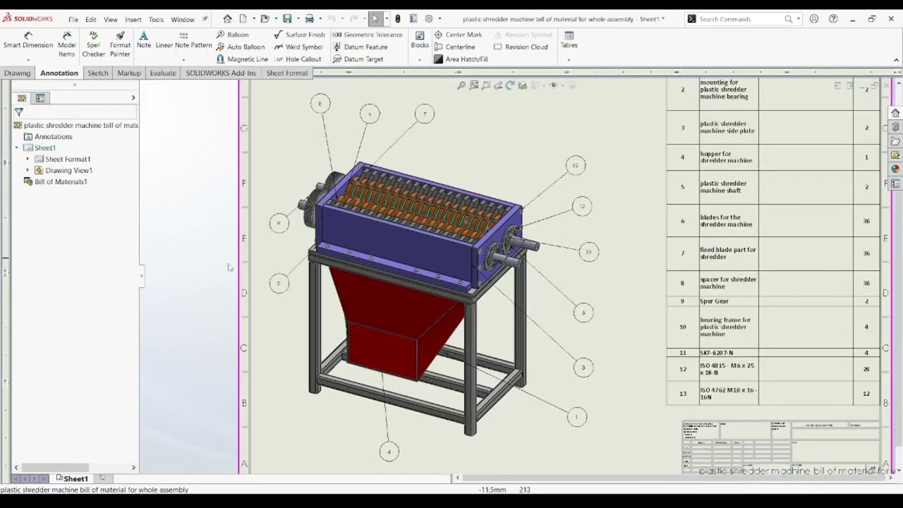 Bill of Materials (BOM) Tutorial for Plastic Shredder Machine | SolidWorks Guide