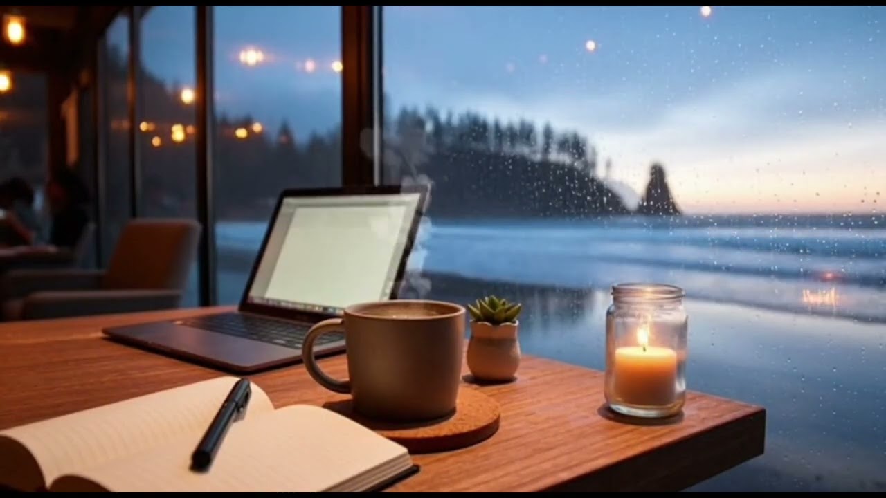 Rainy Seaside Cafe 🌊 Cozy Coffee Shop Ambience: Rain, Waves & Calm Music for Deep Focus [HD]