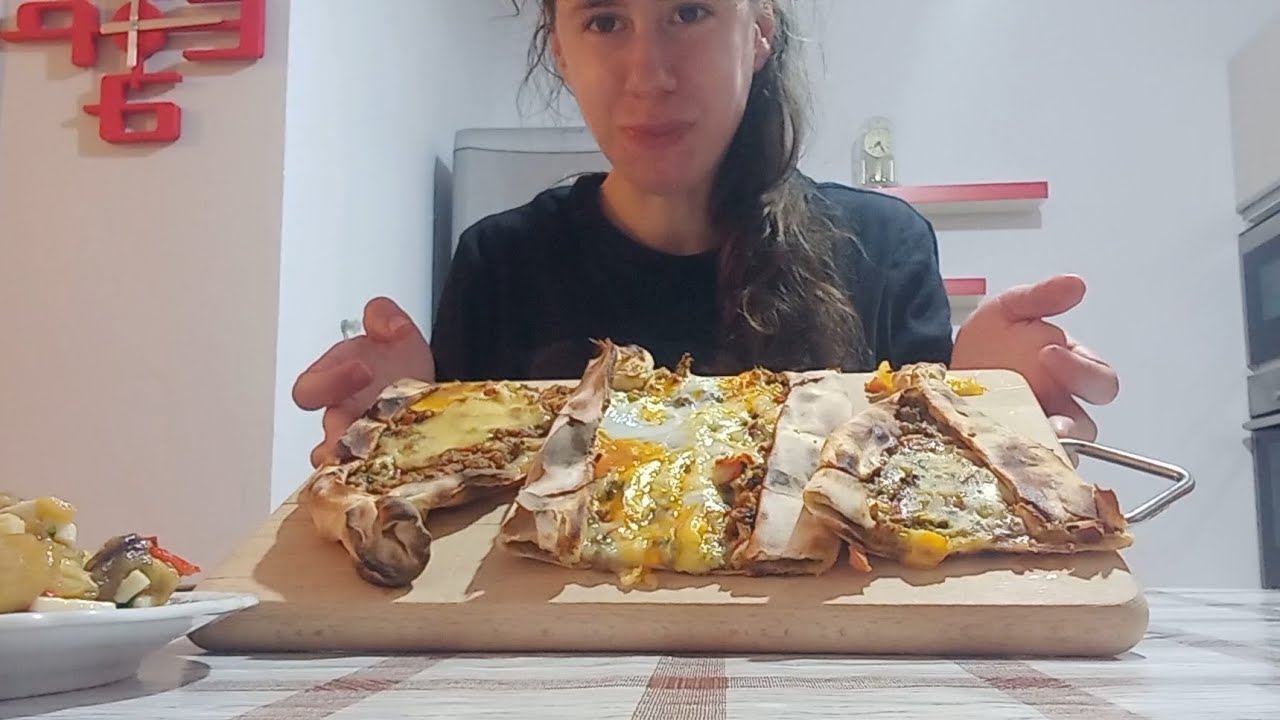 Turkish Food: meat cheese egg Pide, roasted eggplant and peppers w cheese - asmr -no talking- eating