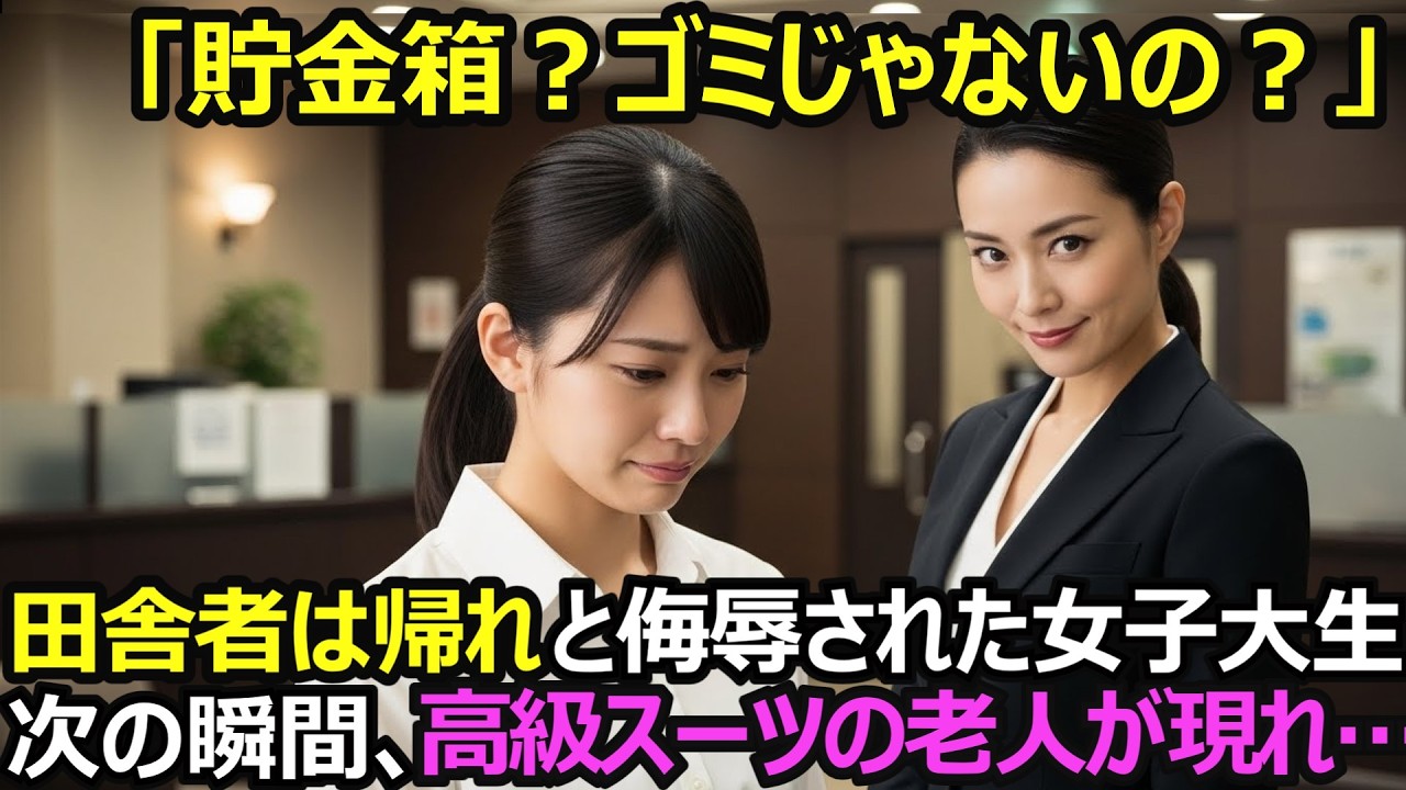 「汚い貯金箱」と女子大生を侮辱した銀行員…次の瞬間、VIPルームから現れた人物に全員凍りつく【感動する話】
