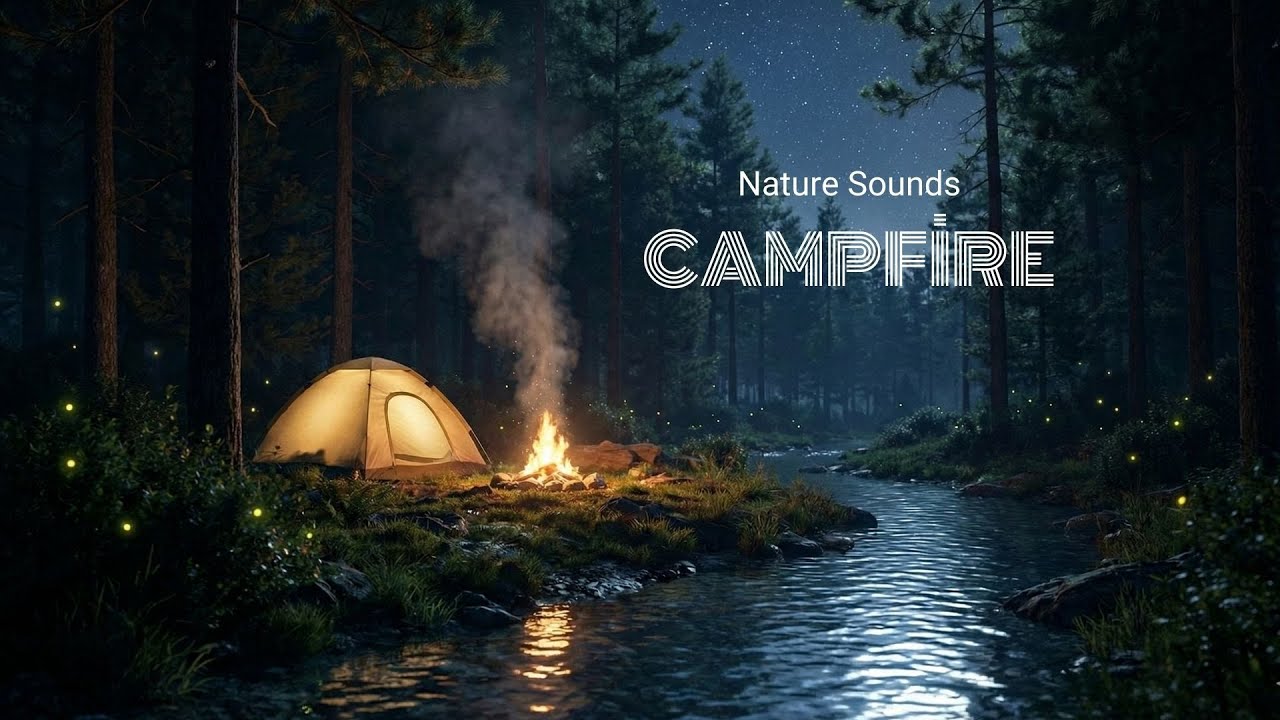 Cozy Camping Night Ambience ⛺ Crackling Campfire & River Sounds for Sleep (ASMR)