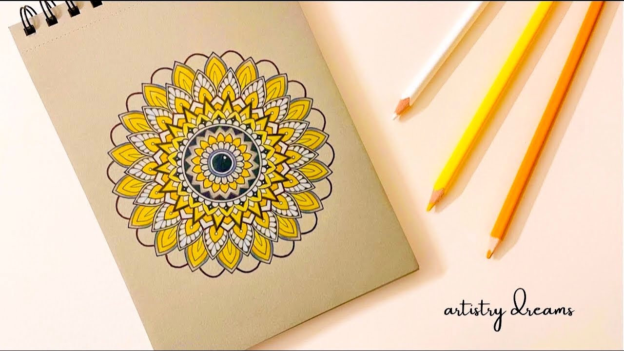 Mandala art/ Simple mandala for beginners/ Yellow mandala/ mandala drawing on grey paper/basic grid