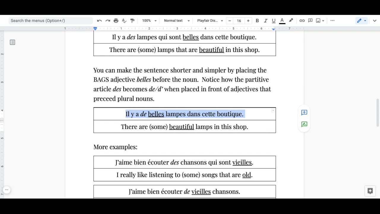 Plural French BAGS Adjectives Preceding Nouns