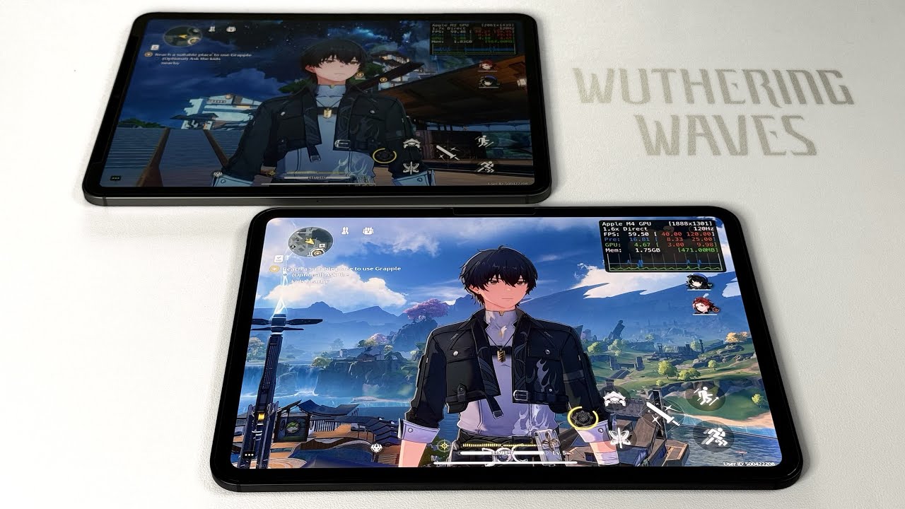 iPad Pro M4 против iPad M2: игровой тест FPS в Wuthering Waves с Metal Performance HUD.