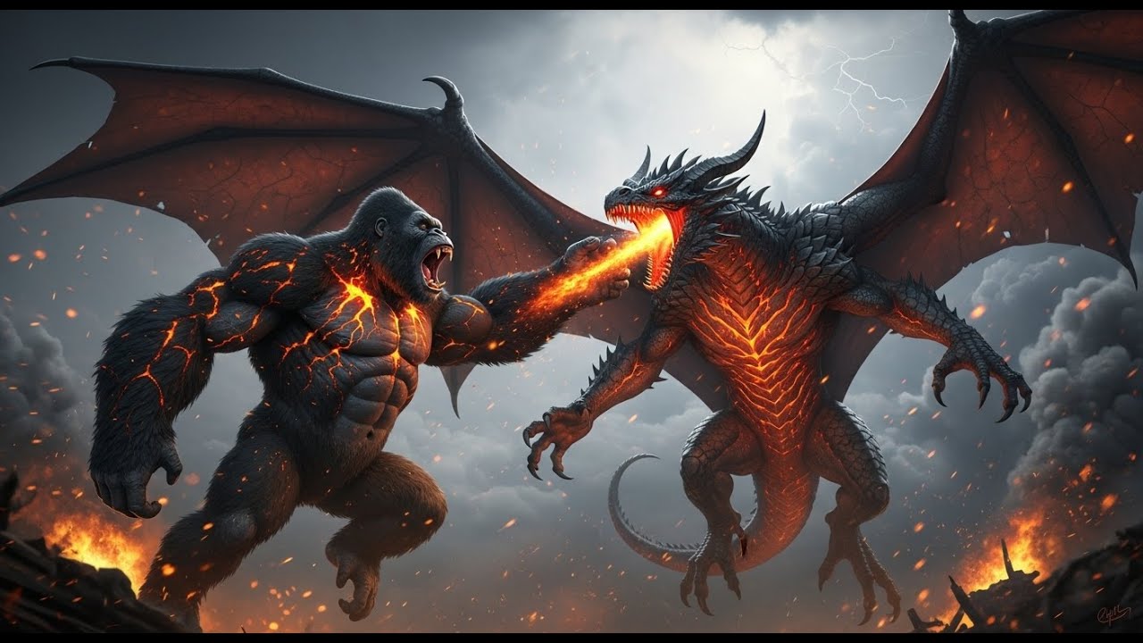 EPIC SHOWDOWN! King Kong battles a fire-breathing dragon in the sky.