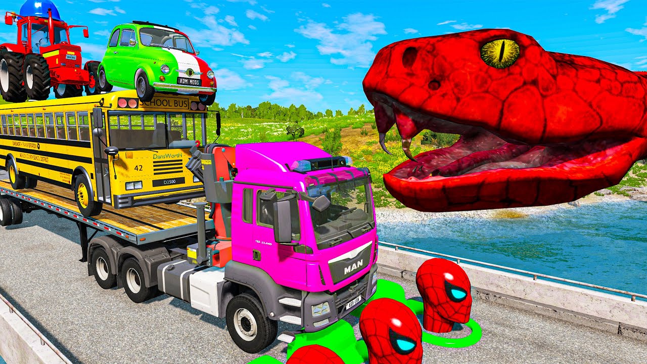 Flatbed Trailer Truck Rescue Bus - Cars vs Deep Water - Big & Small Cars - BeamNG.Drive