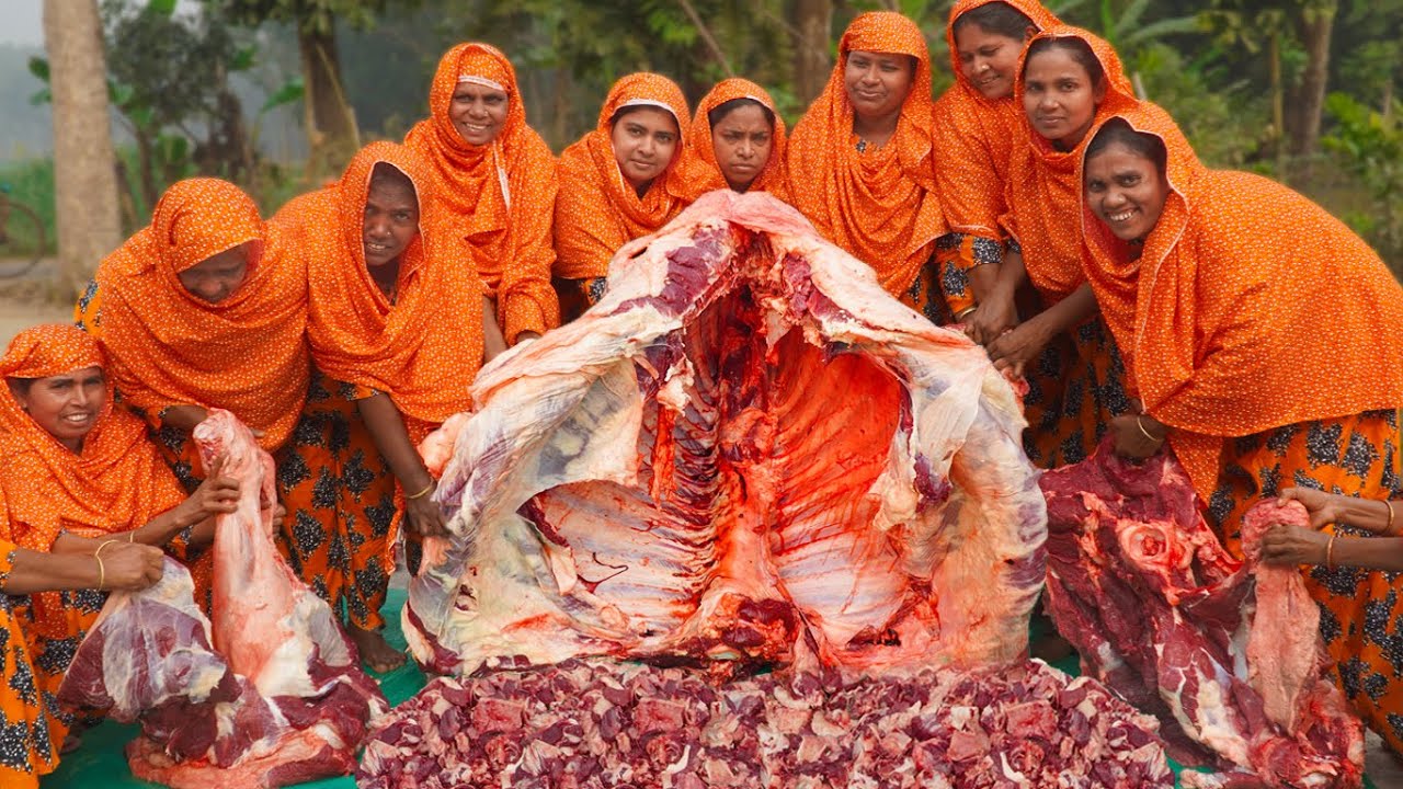 Big Cow 120 KG Beef Cutting & Cooking - জাপানি টিম এলো ইউটিউব ভিলেজে 🐄🍛🇯🇵 - Youtube Village