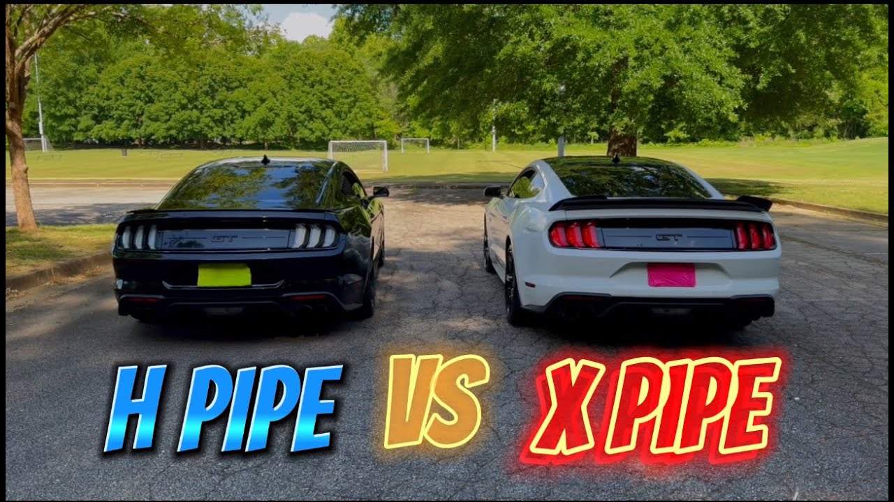 Сравнение звучания X-образного патрубка (белый Mustang) и H-образного патрубка (черный Mustang).