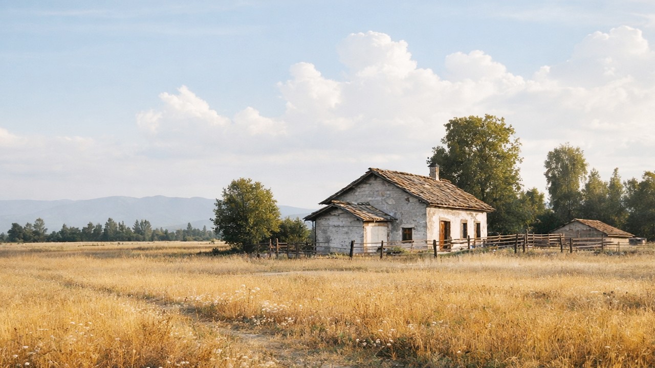 Watercolor Painting - Old Cottage in the Golden Field