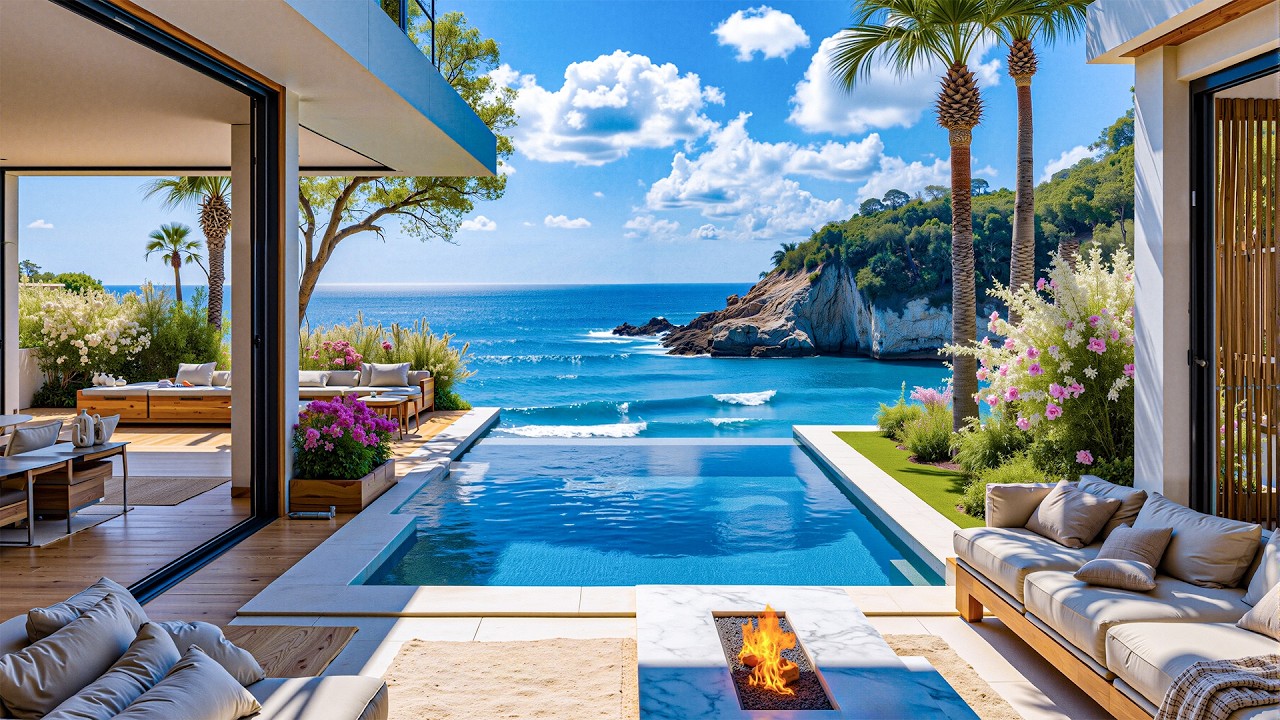Smooth Jazz & Morning Sea View For Focusing - Soft Jazz On The Terrace Of A Luxury Beachfront Villa