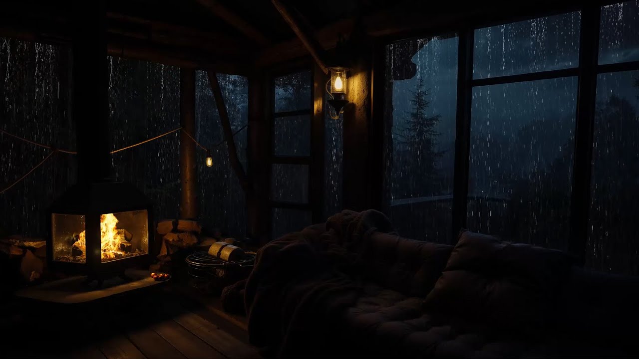 Cozy Night Cabin with Rain and Fireplace | Sleeping Ambience with Soothing Rain Sounds