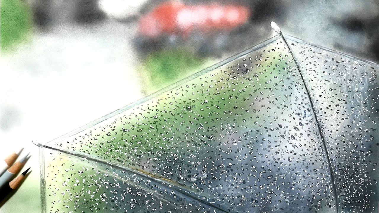 色鉛筆で傘と水滴を描いてみた 風景画 リアルな絵　Realistic colored pencil drawing of an umbrella with raindrops.