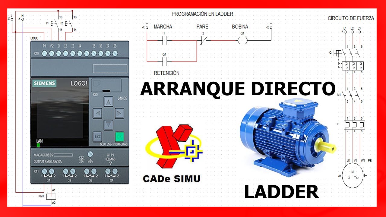 ✅ ARRANQUE DIRECTO DE UN MOTOR TRIFÁSICO! ⚡🔧 PLC LADDER LOGICA CABLEADA CADE SIMU