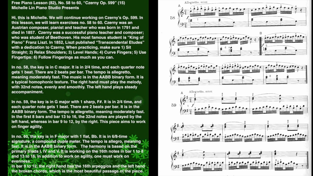 Free Piano Lesson (82), No. 58 to 60, “Czerny Op. 599” (15) Michelle Lin Piano Studio Presents