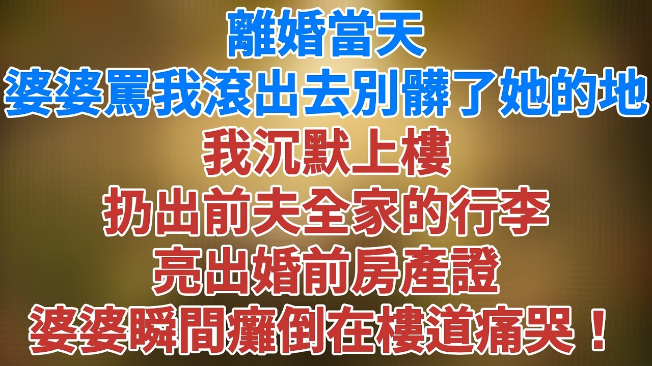 離婚當天，婆婆罵我滾出去別髒了她的地，我沉默上樓，扔出前夫全家的行李,亮出婚前房產證,婆婆瞬間癱倒在樓道痛哭！#松鼠講故事 #情感故事