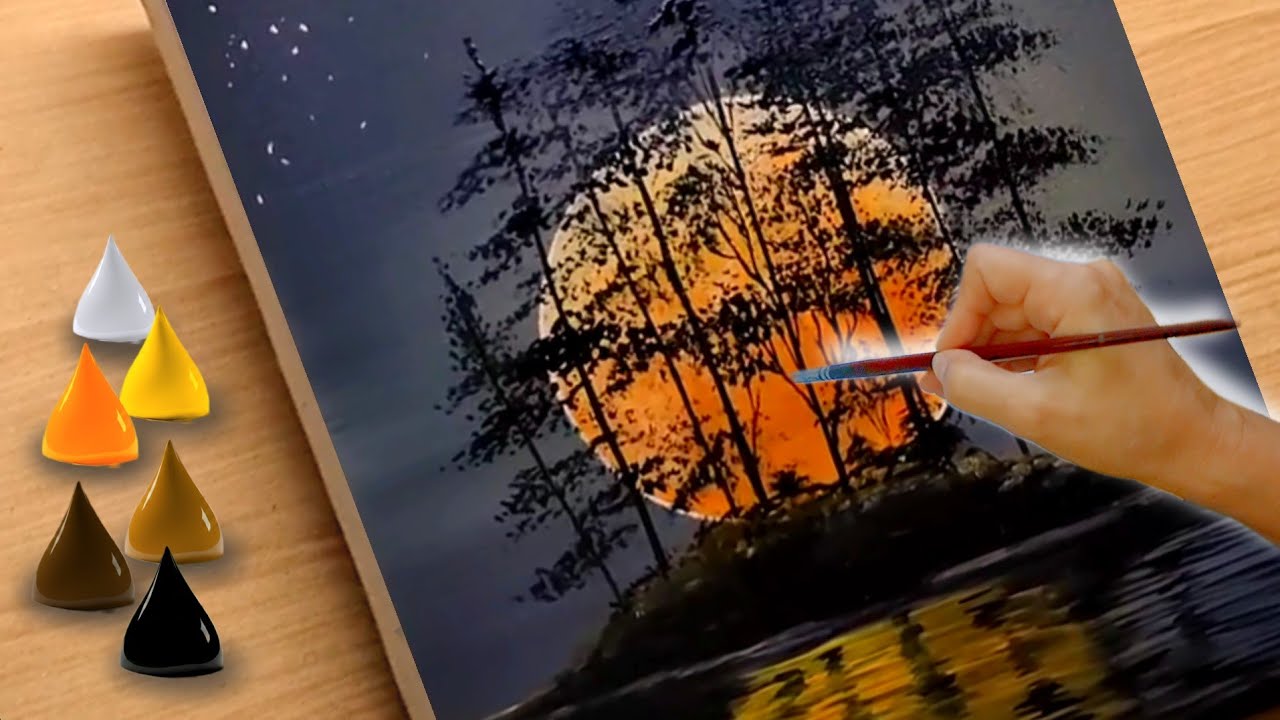 Idea to Paint a Peaceful full Moon Landscape / Acrylic Painting step by step