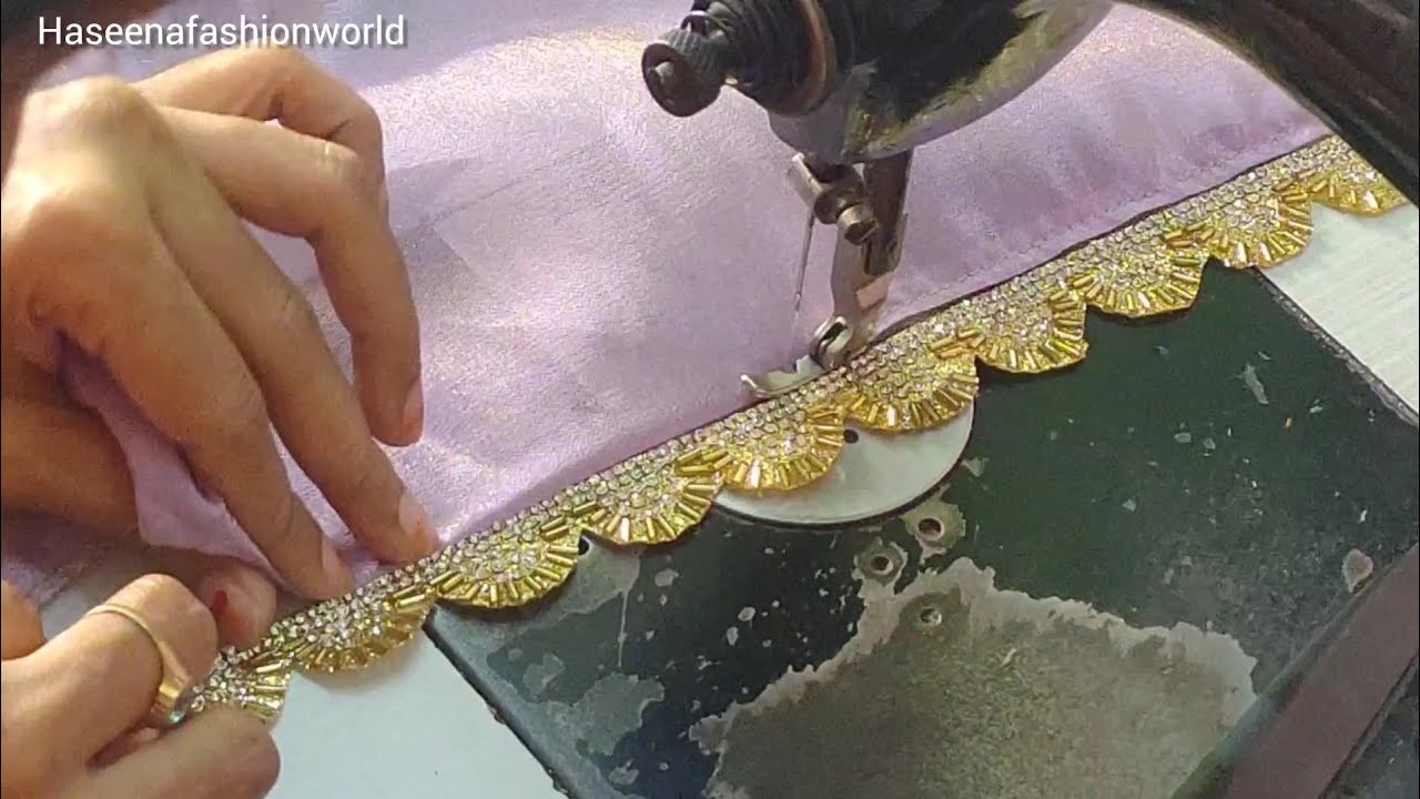 #diy ఇ చీర కి స్టోన్ బార్డర్ తో ఇంత  బాగా  కుట్టుకోవచ్చా 🤩👌🏻How to stitch Lace on Tissue saree🤔 #sew