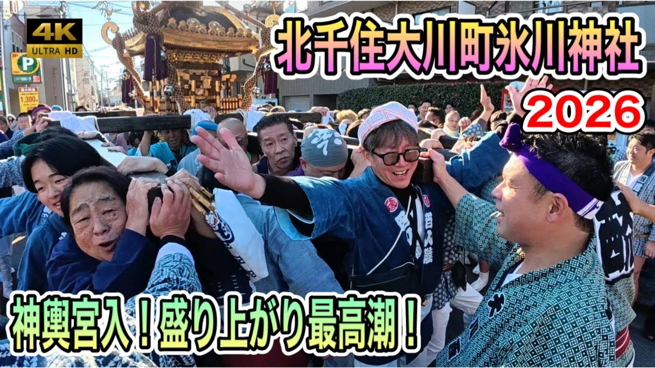 【元旦神輿】北千住大川町氷川神社 ４K初担ぎ2026！新春を締めくくる圧巻の神輿渡御から宮入へ