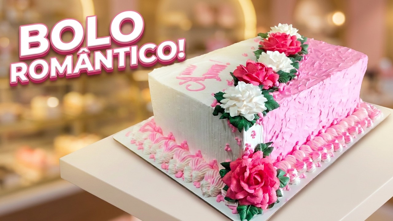 Bolo feminino Romântico Retangular Decoração Delicada Passo a Passo! 