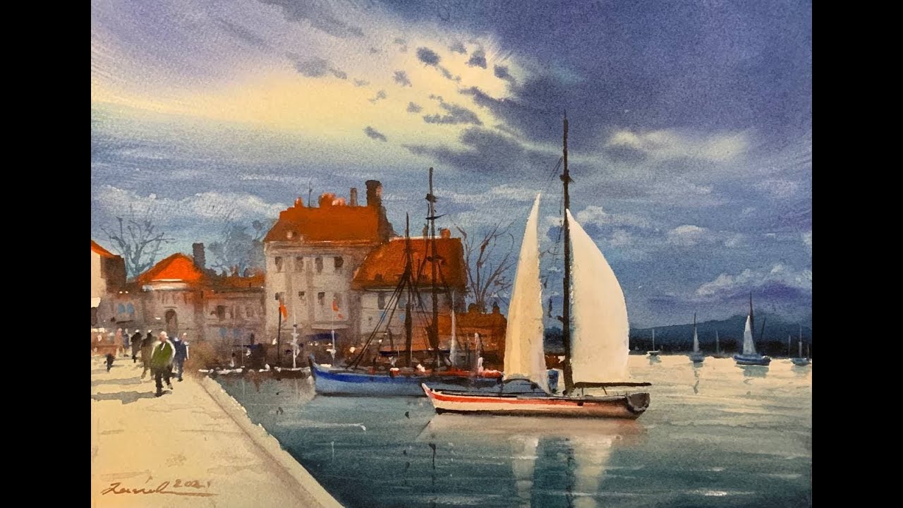 How to paint sea scene in watercolor painting demo by javid tabatabaei