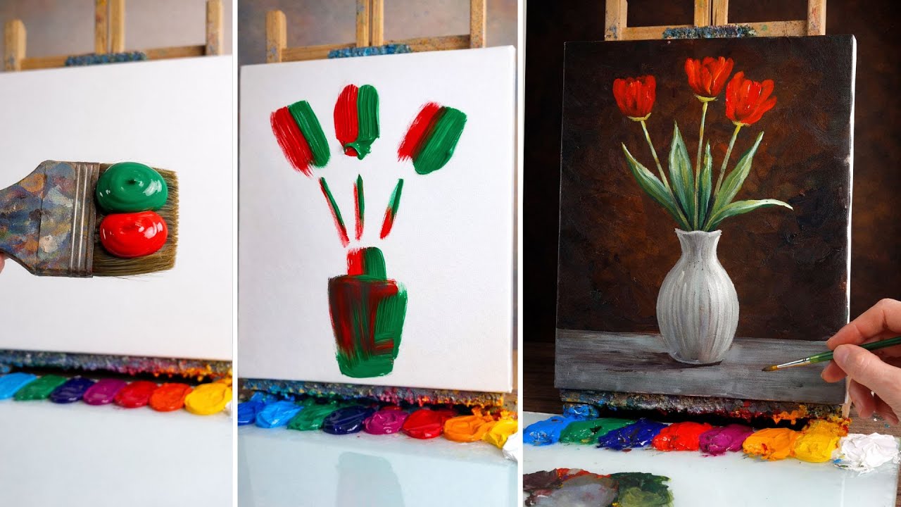 Red Tulip Acrylic Painting | Easy Acrylic Flower Painting Tutorial for Beginners #091