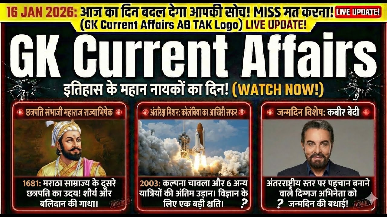 16 Jan 2026 Current Affairs | National Startup Day | Kalpana Chawla Final Mission | GK In Hindi