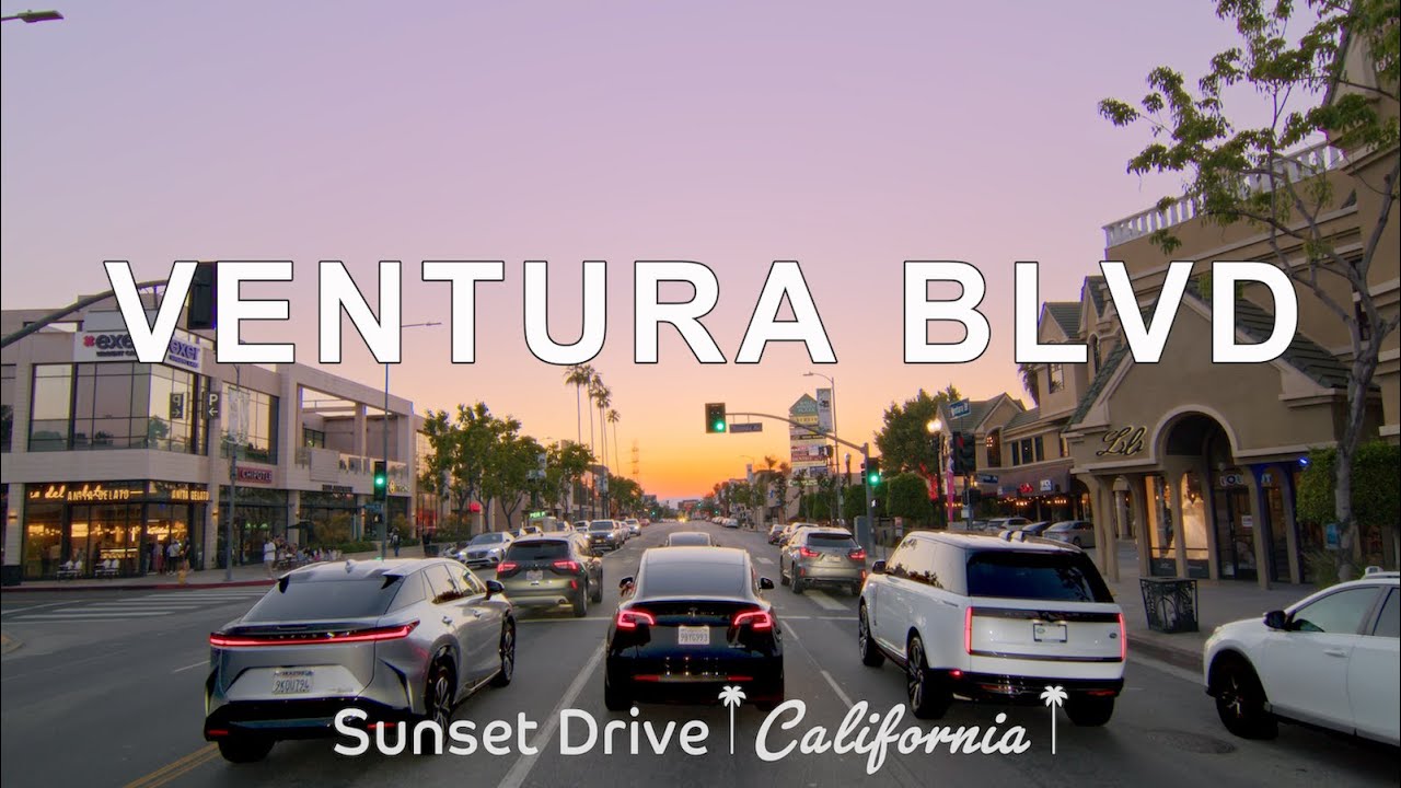 Driving Ventura Blvd at Sunset From Studio City to Woodland Hills - Los Angeles California