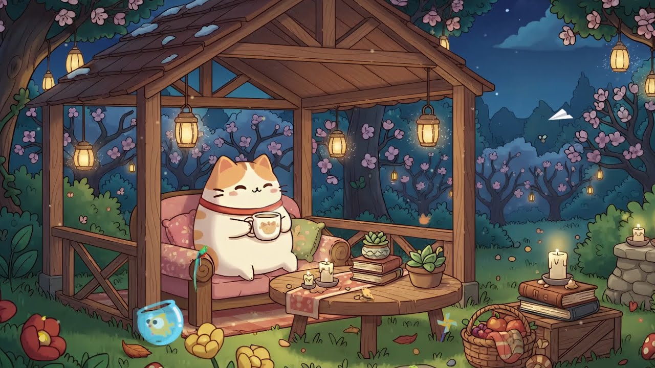 Cozy Tea Time in the Garden with Cloudy's Cat 🍵 Spring Night Lofi 🌸 Relaxing Music for Stress Relief