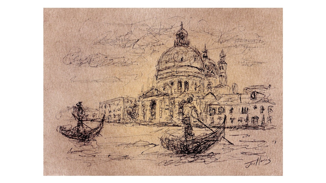 Vintage Sketch Drawing of Venice with a Biro Pen by Jon Harris