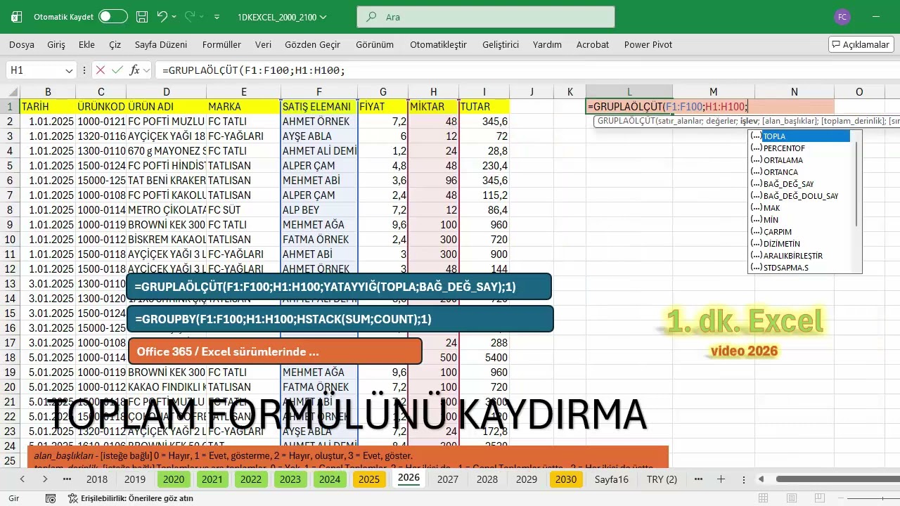Excel 1 Dakika - GRUPLAÖLÇÜT / GROUPBY çok sayıda fonksiyon
