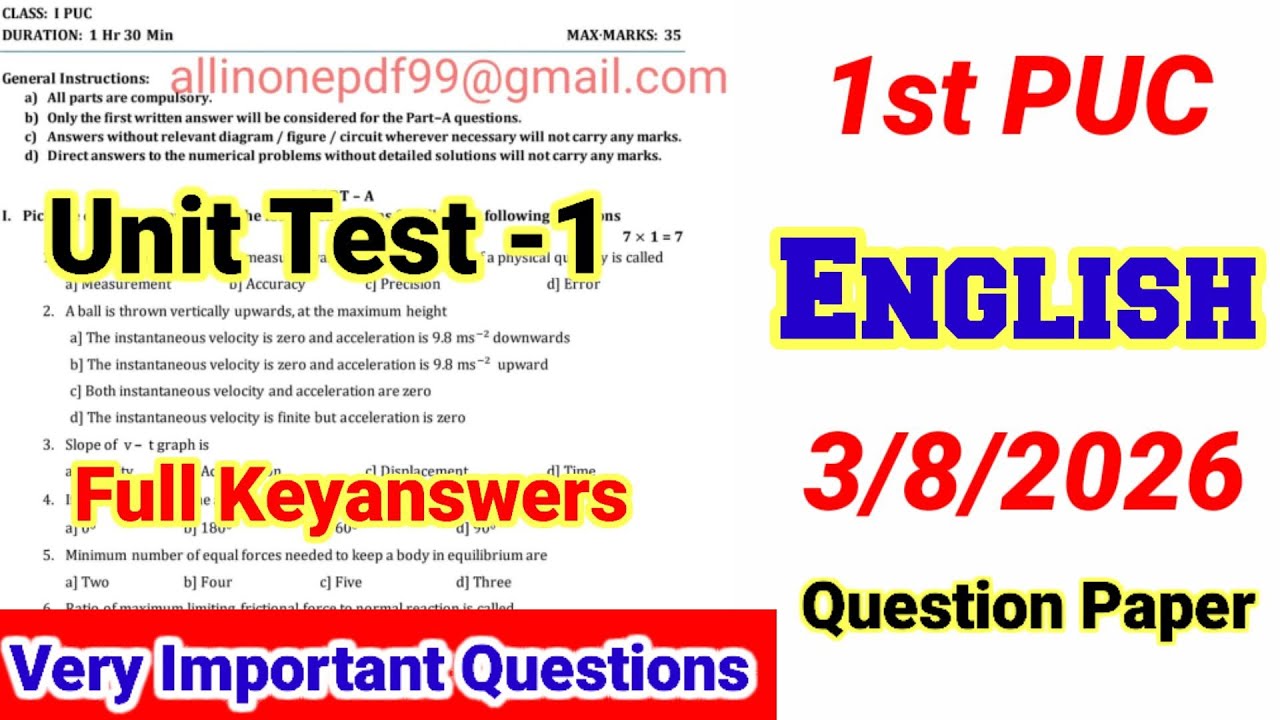 1st PUC English Unit Test 1 Question Paper 2026 with answers kseab