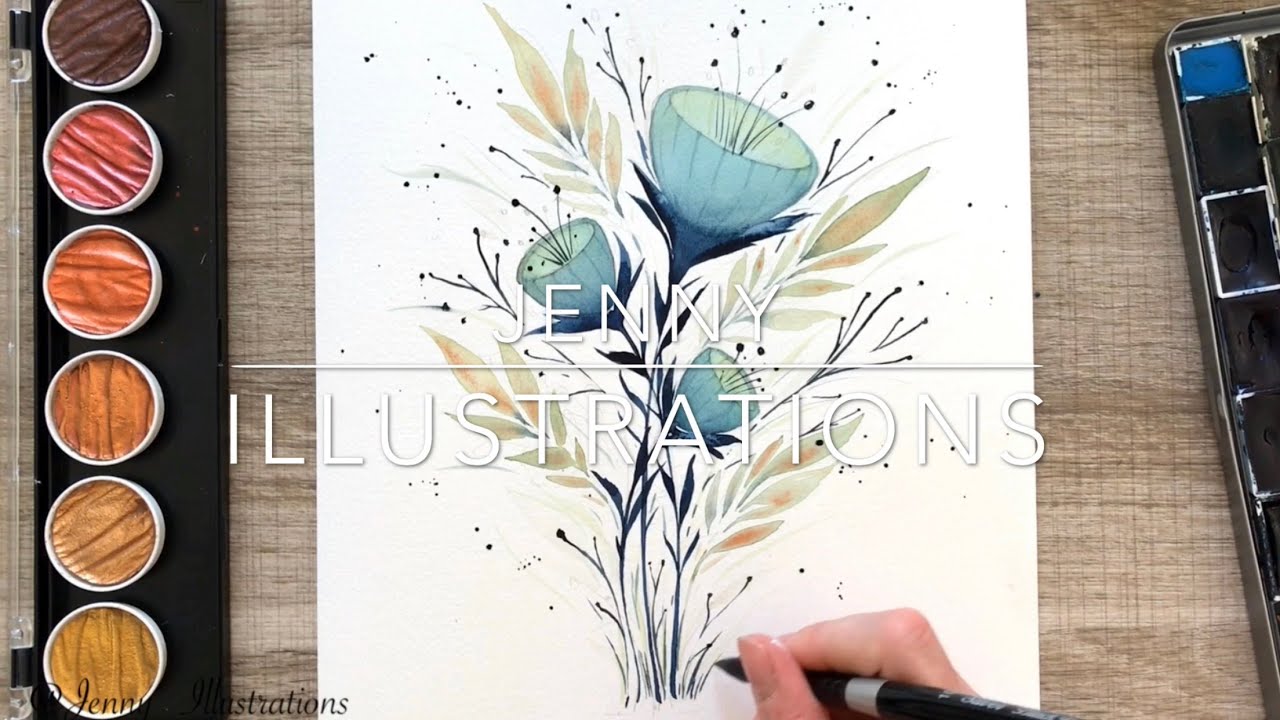 Fleurs bleues luminescentes à l’aquarelle moderne