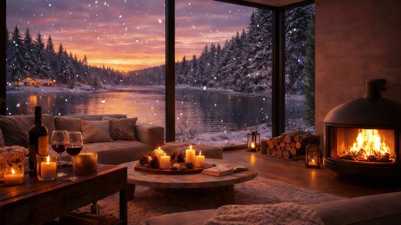 Cozy Winter Jazz ❄️ Fireplace & Falling Snow | 2 Hours Relaxing Music