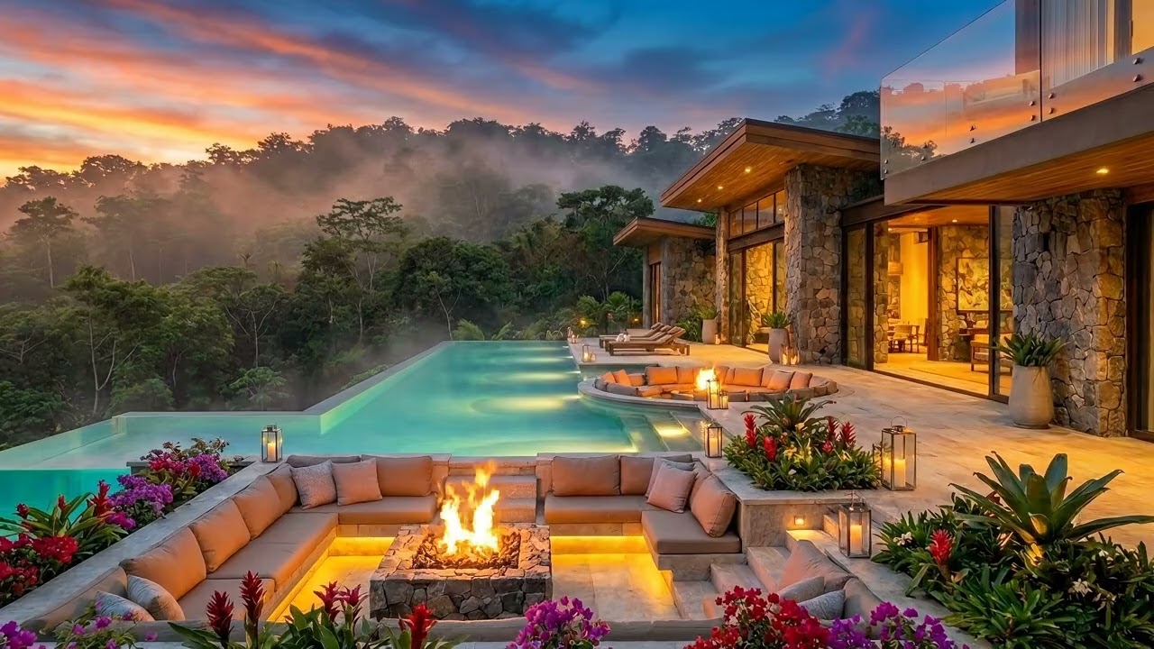 Luxury Tropical Villa Ambience | Smooth Piano Jazz & Fireplace Sounds (2 Hours)