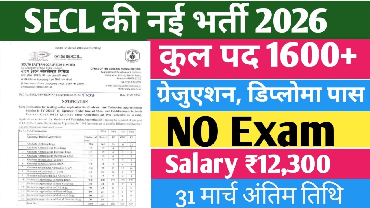 #SECL Apprentice Vacancy 2026 | SECL 1600 Apprentice Vacancy Online Form, #governmentjobs #bihar 