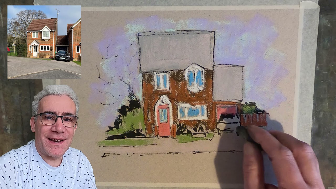 Beginner Pastels - Urban sketching, ink and pastel house painting.
