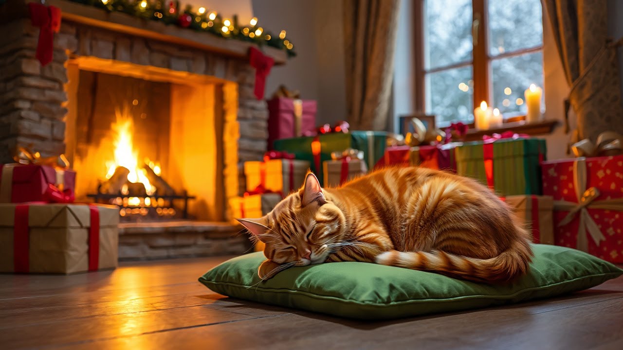 Cozy Christmas Night | Fireplace Sounds and Soft Purring Cat