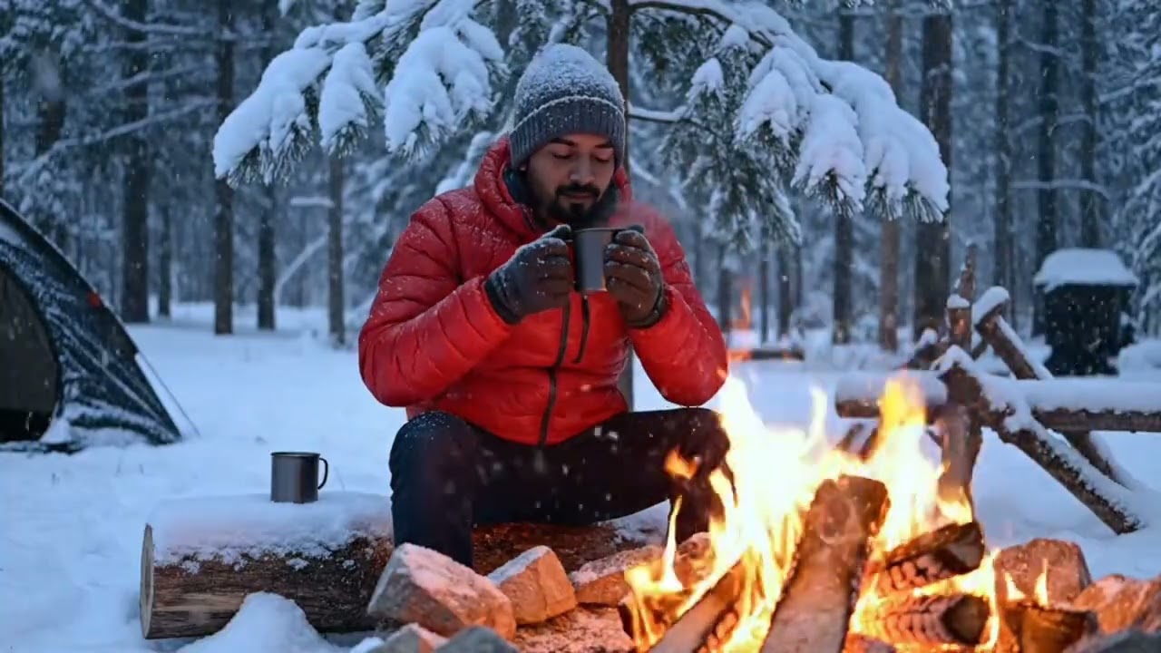 SOLO WINTER CAMPING in Heavy Snow ❄️ Bell Tent Setup & Cozy Fire (ASMR No Talking)