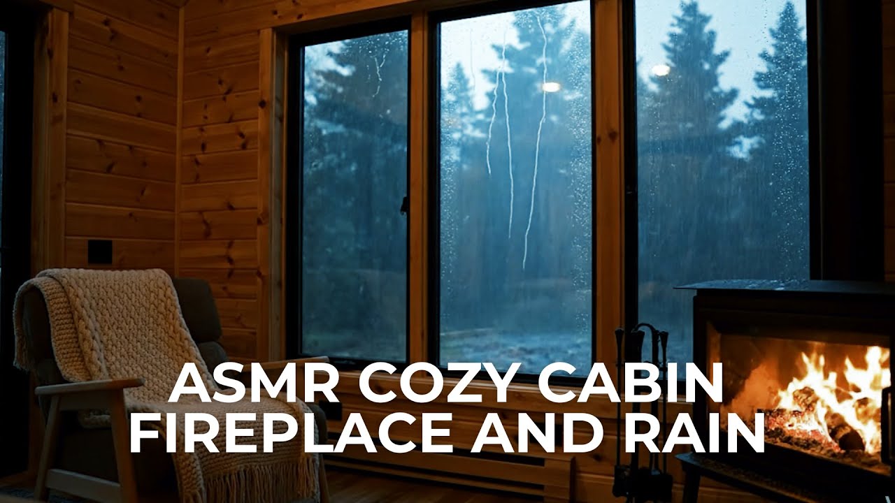 3 HOURS COZY CABIN ASMR | FIREPLACE CRACKLING, GENTLE RAIN FOR DEEP SLEEP AND RELAXATION