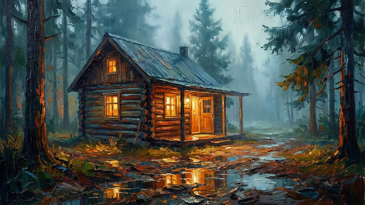 Cozy Rainy Cabin in the Forest 🌧️ Oil Painting Ambience with Soft Piano