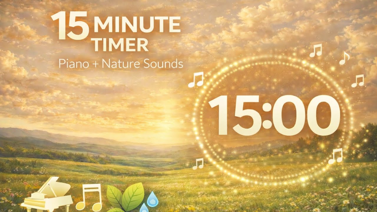 15 Minute Countdown Timer | Meadow Clouds, Piano & Birds | Calm Focus Session
