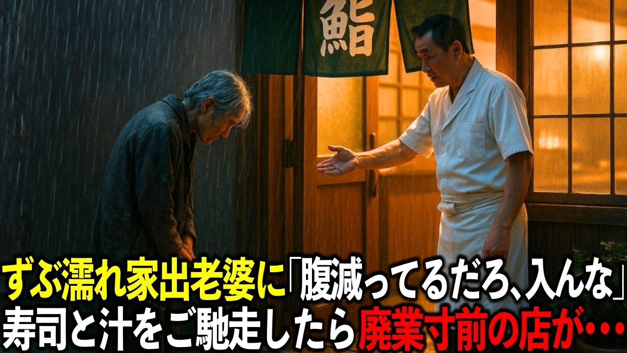 家出して一文無のずぶ濡れ老婆に大将が寿司と汁をご馳走したら…廃業寸前の店が異常事態に・・・