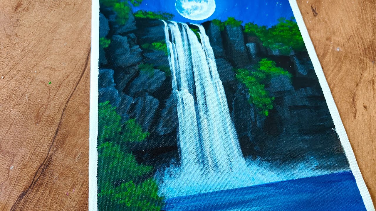 Easy Moonlight Waterfall Landscape Painting tutorial for beginners||Step byWaterfall landscape Paint