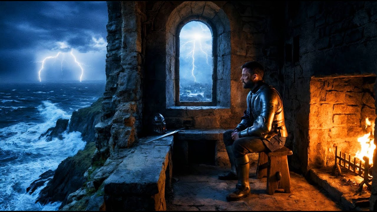 Storm at the watchtower: Ocean waves & fireplace ambience