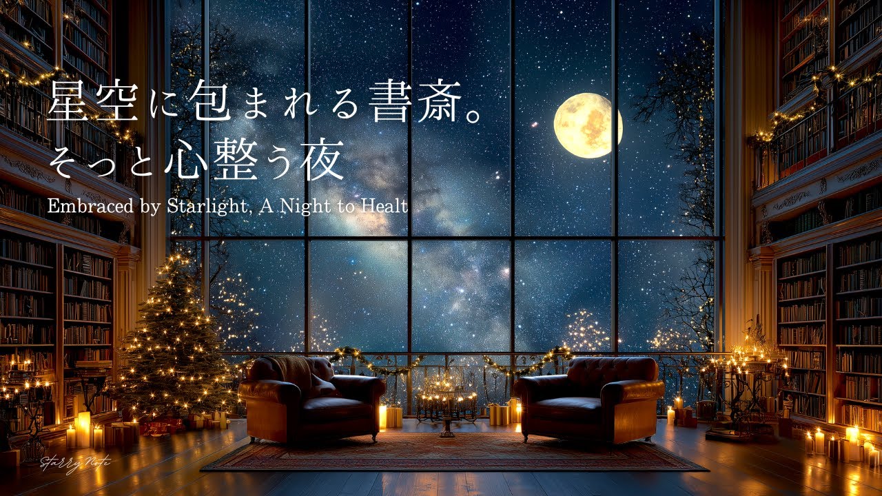 【4K】星空に包まれる書斎。そっと心整う夜｜睡眠用・作業用BGM｜静かなピアノと冬の星空